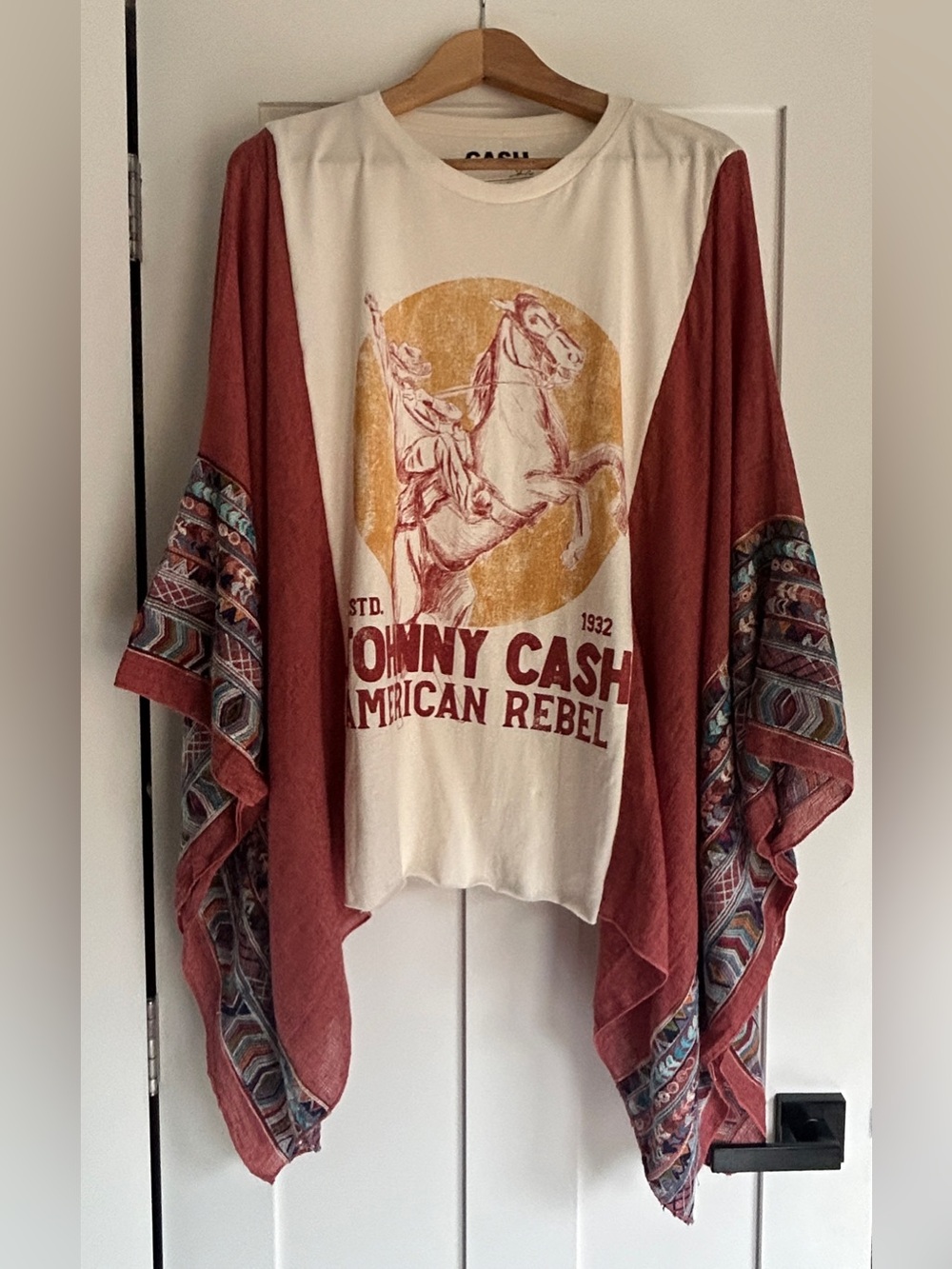 Cream Graphic Poncho with Rust Panels and Patterned Trim